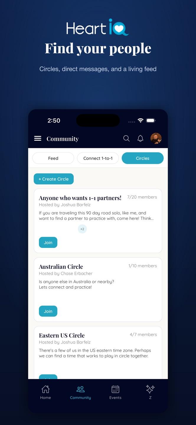 Heart iQ community spaces inside the mobile app
