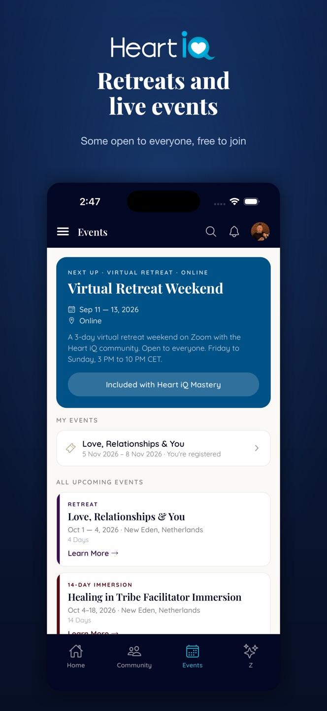 Upcoming Heart iQ events and retreats inside the mobile app