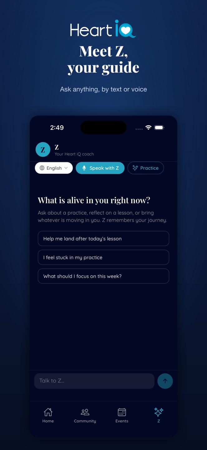 Z, the Heart iQ guide, inside the mobile app