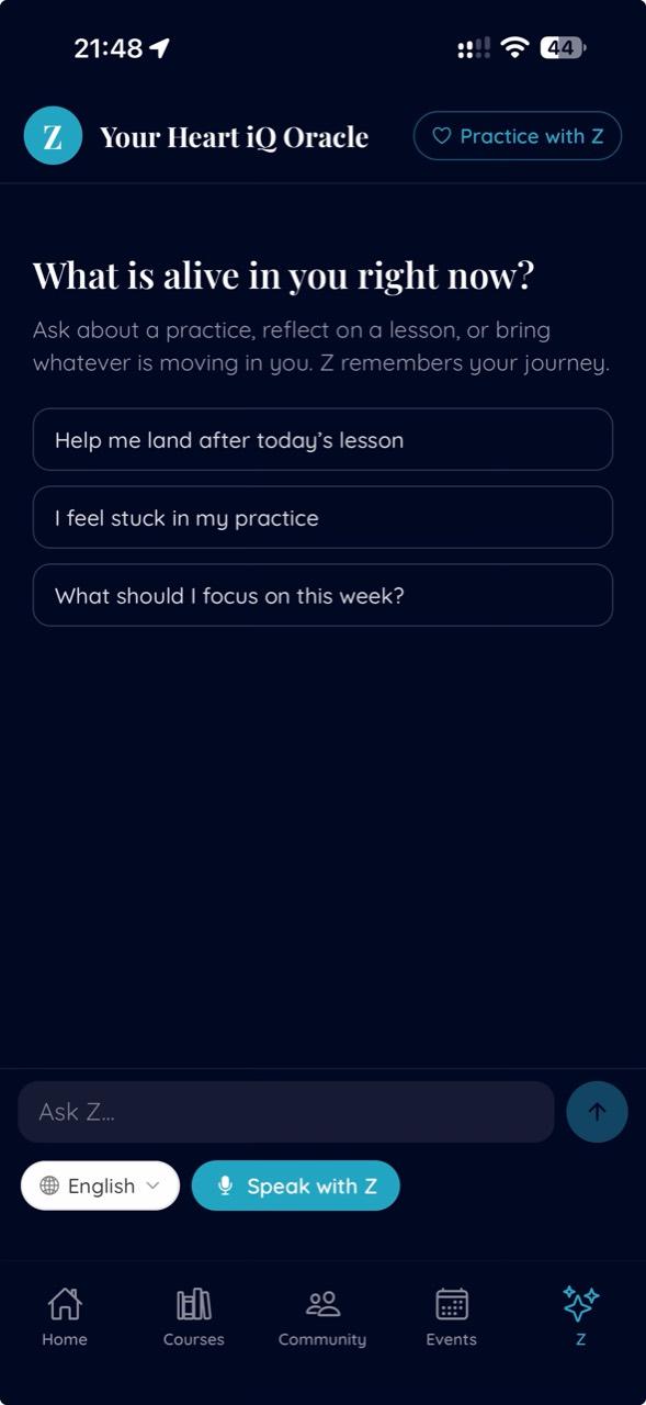 Z, the Heart iQ guide, in the mobile app