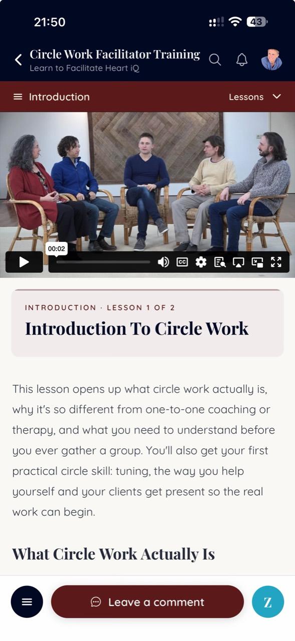 The Introduction to Circle Work lesson inside the Circle Work Facilitator Training in the Heart iQ app