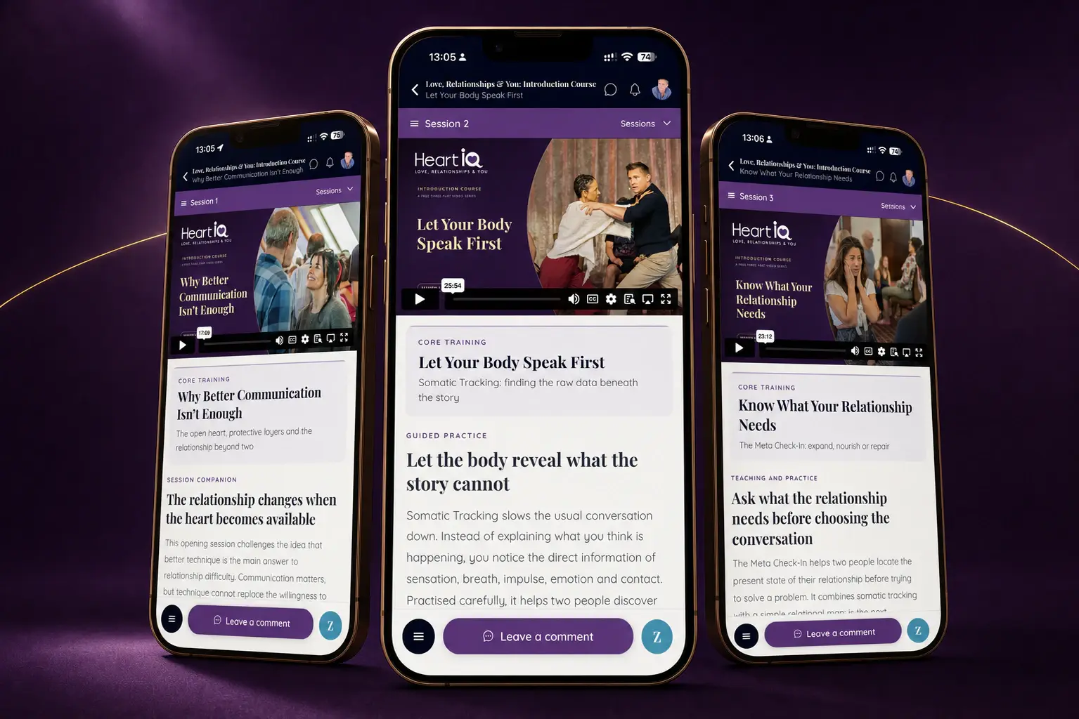 The three Love, Relationships and You Introduction Course sessions shown in the Heart iQ Hub on mobile phones